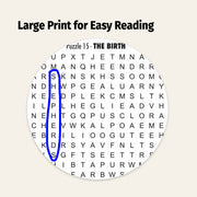 Circular word search puzzle with large print text on a white background
