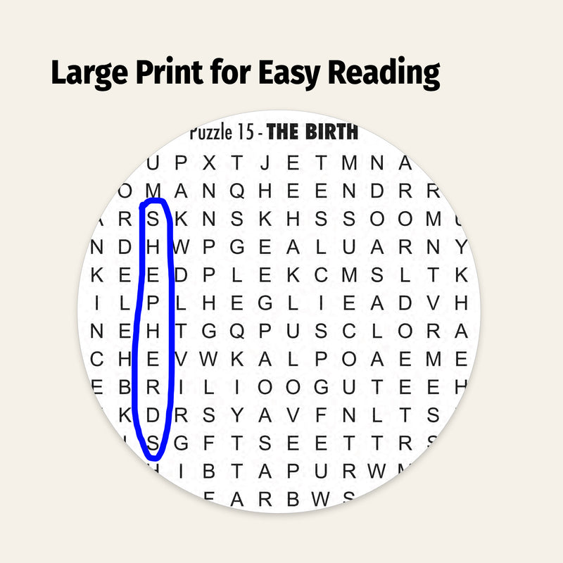 Circular word search puzzle with large print text on a white background