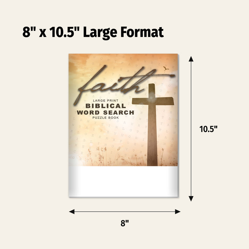 Book titled 'Faith: Large Print Biblical Word Search Puzzle Book' with a cross illustration, dimensions indicated.