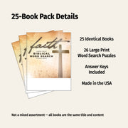 Packaging of 25 identical books with a cross and 'faith' text, featuring word search puzzles.