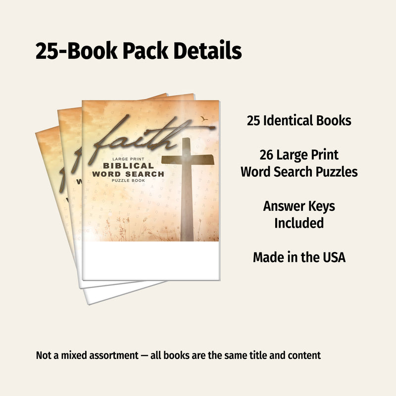 Packaging of 25 identical books with a cross and 'faith' text, featuring word search puzzles.