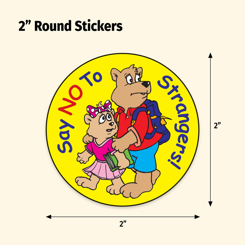 Round sticker with cartoon characters and text 'Say No To Strangers' on a yellow background