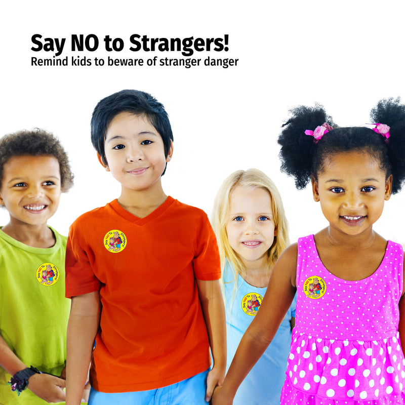 Four children standing together with a safety message about strangers on a white background