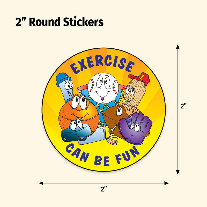 Round sticker with cartoon characters and 'Exercise can be fun' text on a yellow background