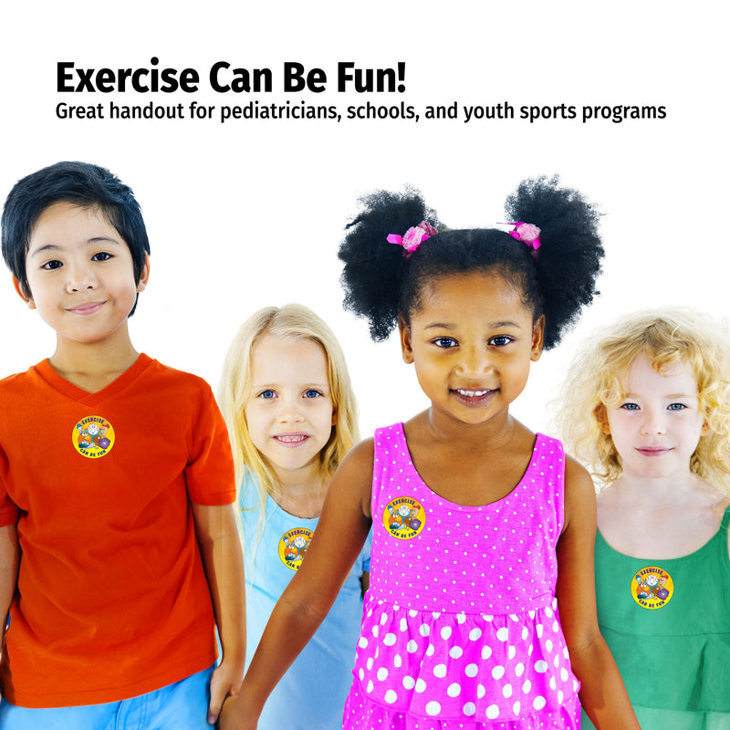 Four children standing together with a promotional message about exercise being fun.