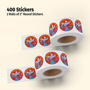 Two rolls of 2-inch round stickers with a cartoon character on a beige background.