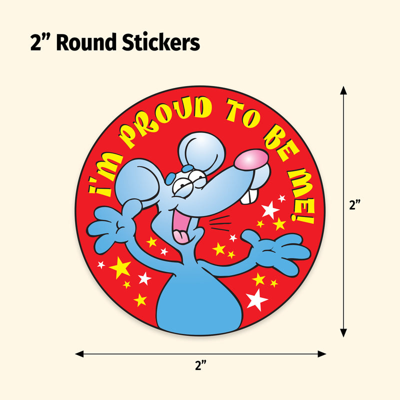 Circular sticker with cartoon character and text 'I'm Proud to be Me!' on a red background, with dimensions indicated.