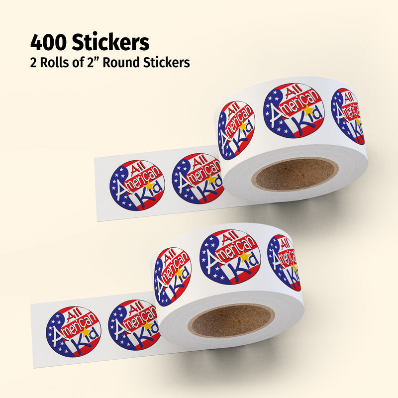 Two rolls of 'All American Kid' stickers on a beige background