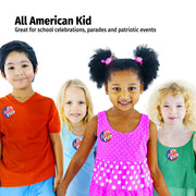 Four children standing together with 'All American Kid' text and patriotic buttons.