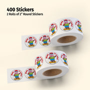 Two rolls of 2-inch round stickers with a character design on a beige background.