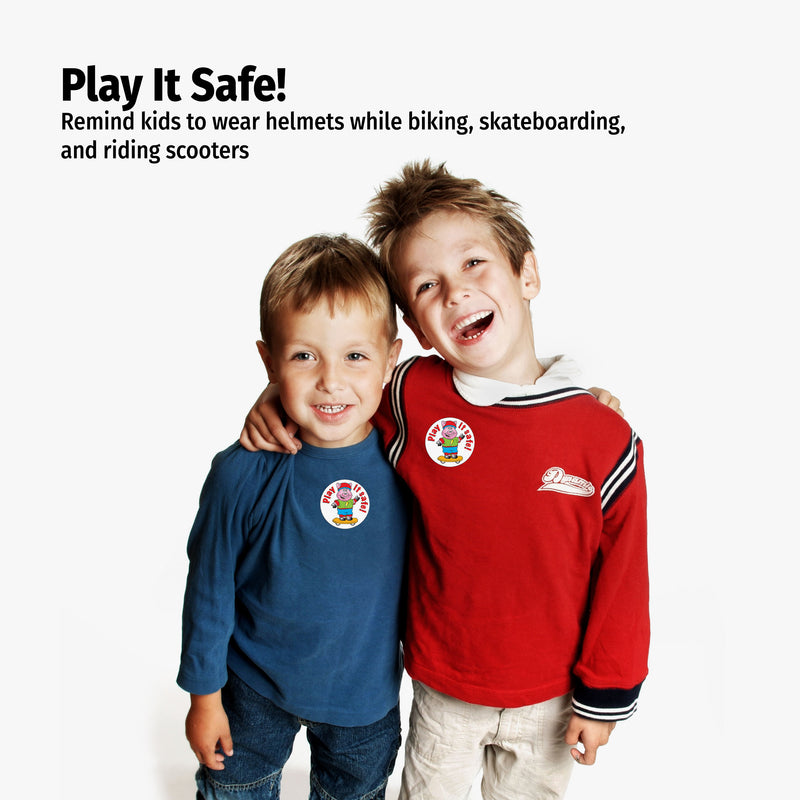 Two children hugging with text about wearing helmets while biking, skateboarding, and riding scooters.