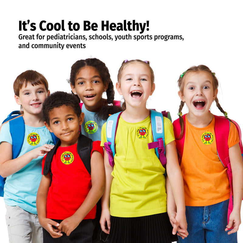 Children wearing colorful shirts with a health logo, promoting healthy living.