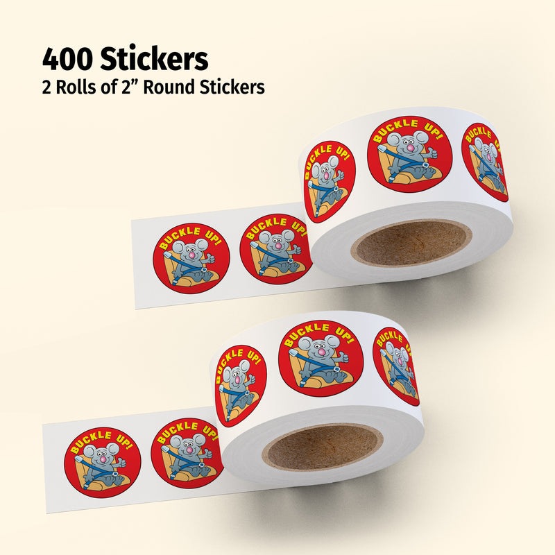 Two rolls of 2-inch round stickers with a cartoon mouse design on a beige background.