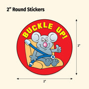 Round sticker with cartoon mouse and 'Buckle Up!' text on a red background, with dimensions indicated.