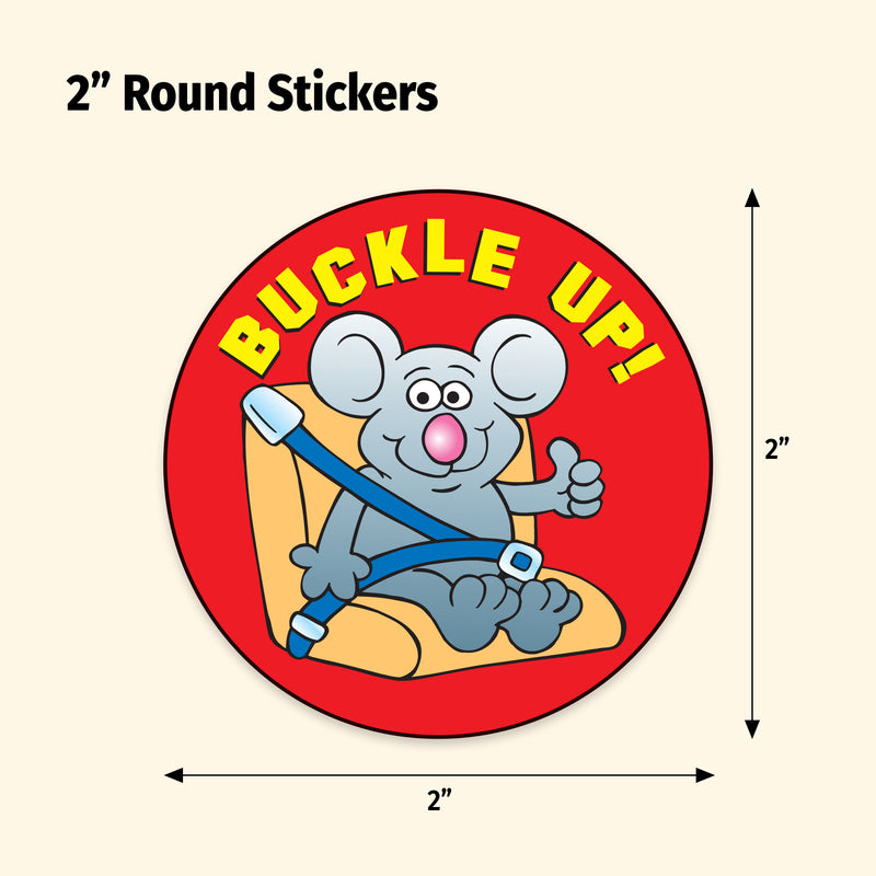 Round sticker with cartoon mouse and 'Buckle Up!' text on a red background, with dimensions indicated.