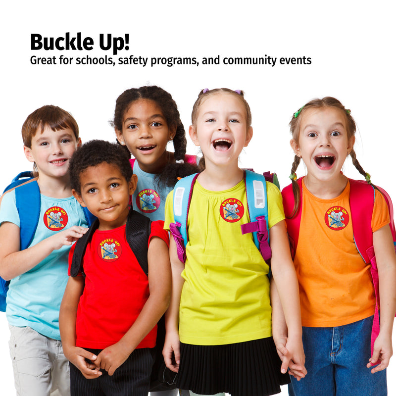 Five children with colorful shirts and backpacks, promoting safety.