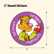 2-inch round sticker with a cartoon tiger holding an apple, labeled 'Eat Smart! Eat Right! Eat Healthy!' on a beige background.