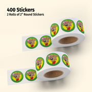 Two rolls of 2-inch round stickers with a bear design on a beige background.