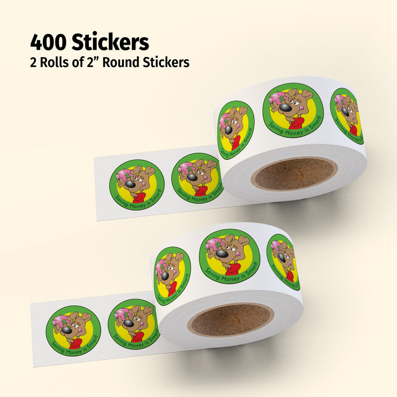 Two rolls of 2-inch round stickers with a bear design on a beige background.