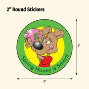 2-inch round sticker with cartoon bear holding a piggy bank and text 'Saving Money is Smart!' on a beige background.