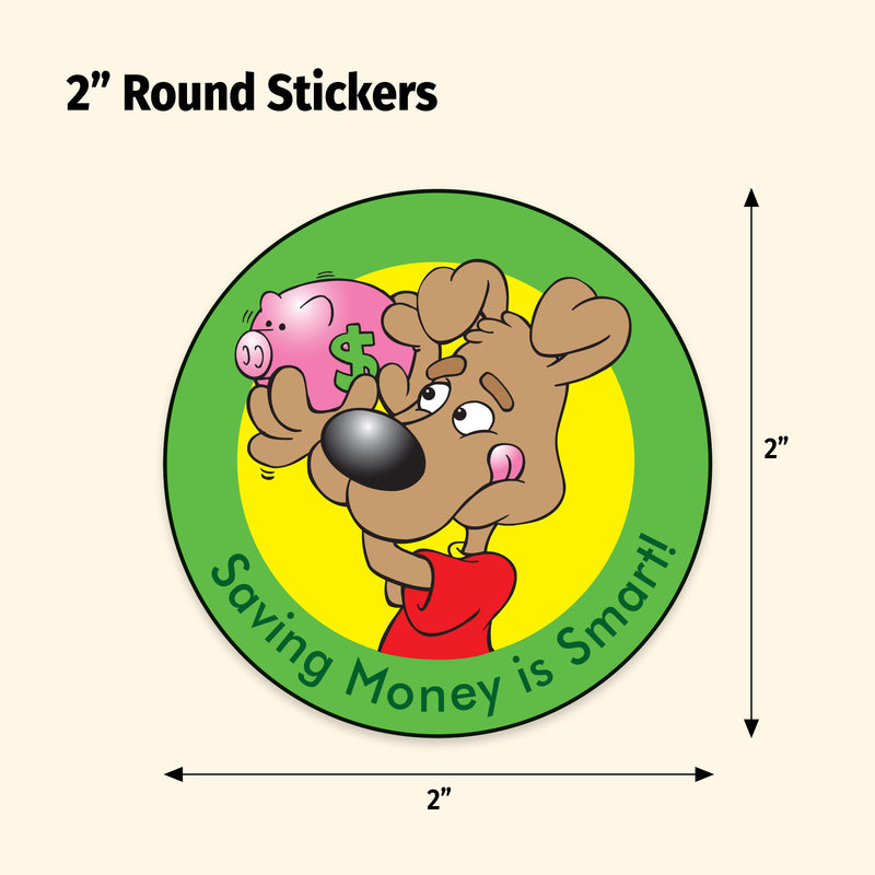2-inch round sticker with cartoon bear holding a piggy bank and text 'Saving Money is Smart!' on a beige background.