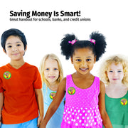 Four children standing together with a promotional message about saving money.