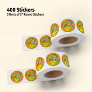 Two rolls of 2-inch round stickers with cartoon frog design on a beige background.