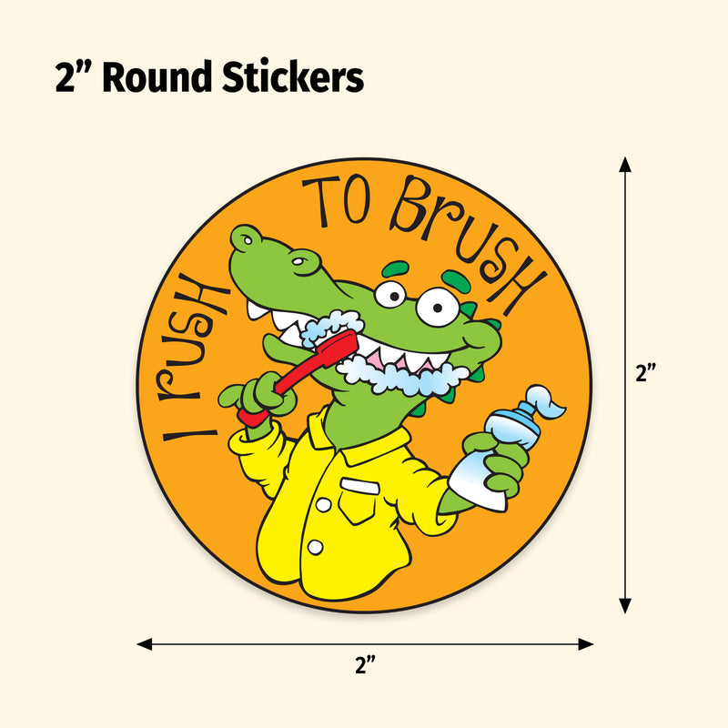 Round sticker with a cartoon crocodile brushing teeth on an orange background, dimensions indicated.