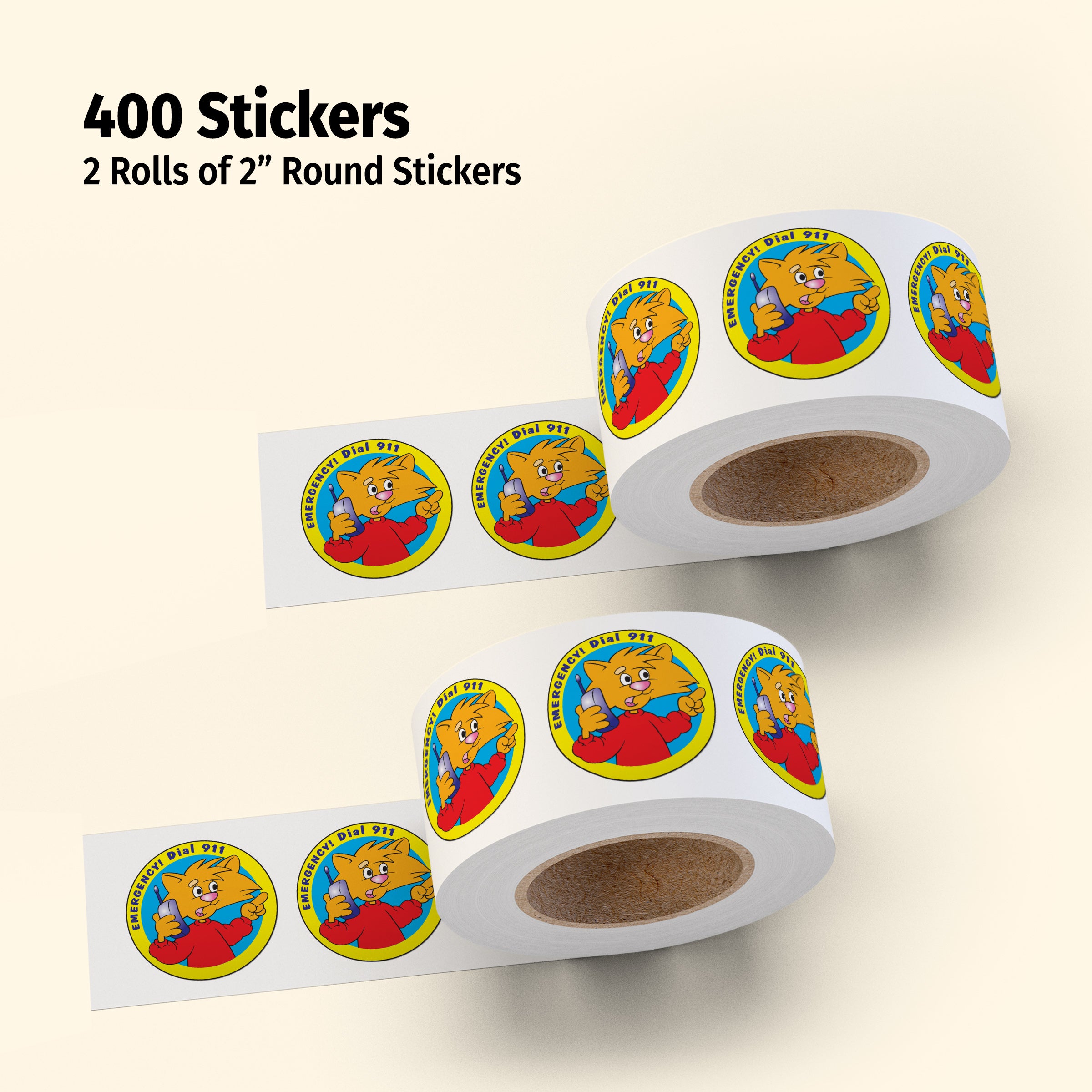Two rolls of 2-inch round stickers with a cartoon character on a beige background.
