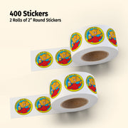 Two rolls of 2-inch round stickers with a cartoon character on a beige background.