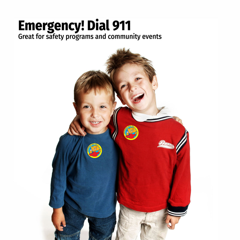 Two children wearing shirts with logos, with text about emergency contact information.