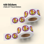 Two rolls of 2-inch round stickers with a cartoon character on a beige background