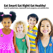 Four children standing together with promotional text about eating smart, right, and healthy.