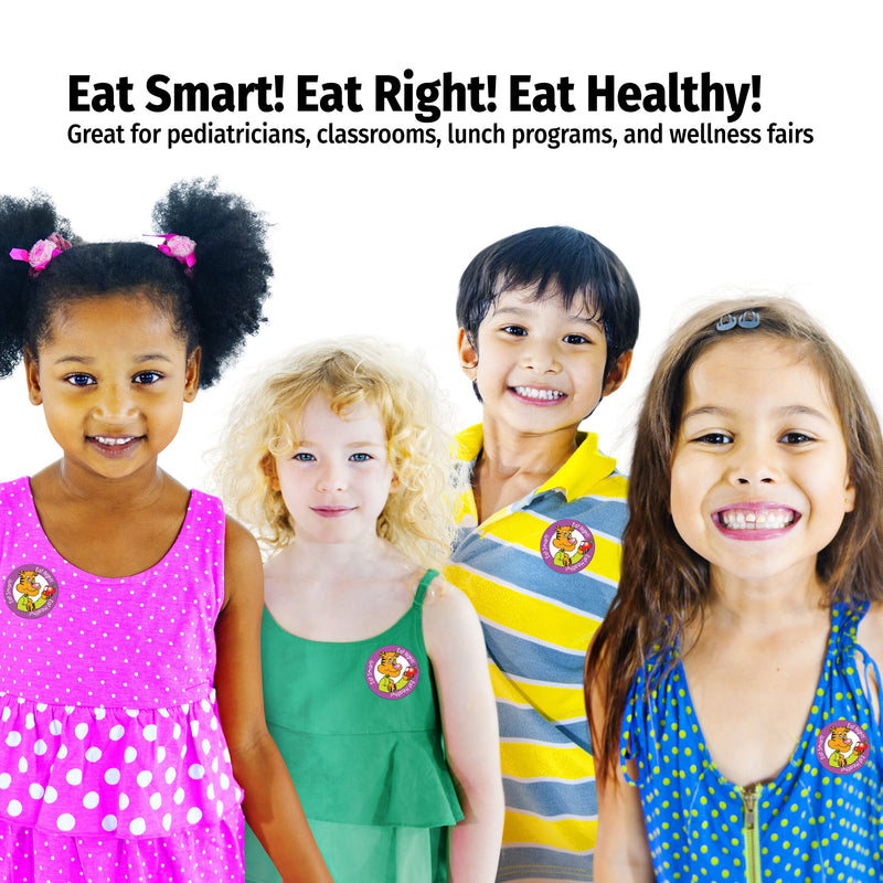 Four children standing together with promotional text about eating smart, right, and healthy.