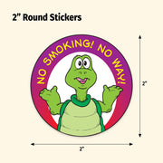 2" Round Sticker with cartoon turtle and 'No Smoking! No Way!' text on a beige background