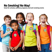 Five children wearing colorful shirts with a logo, standing together with backpacks.
