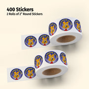 Two rolls of 2" round stickers with a cartoon character on a beige background