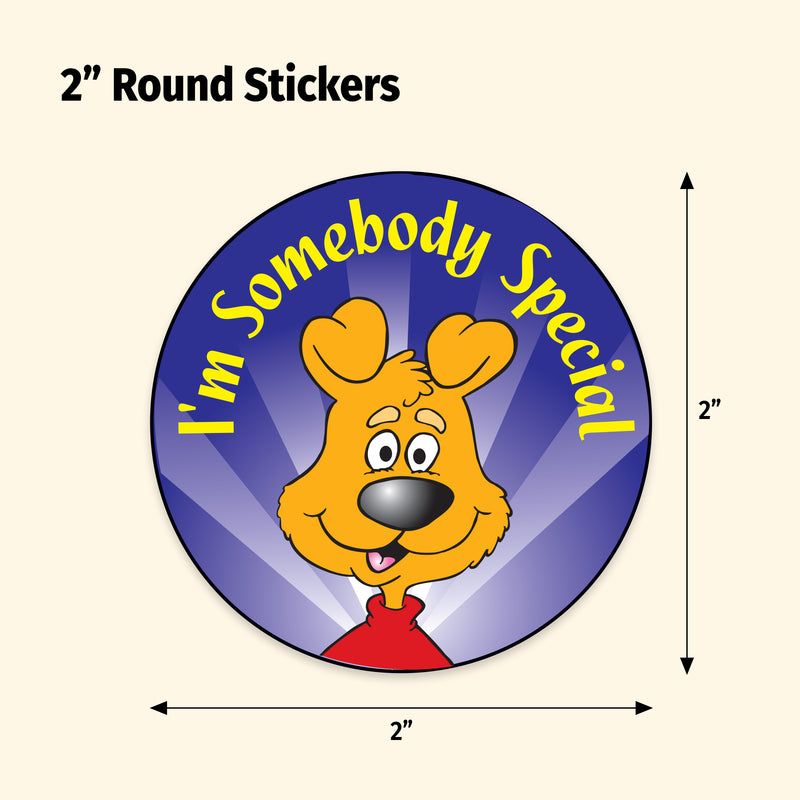 2-inch round sticker with a cartoon dog and text 'I'm Somebody Special' on a beige background.