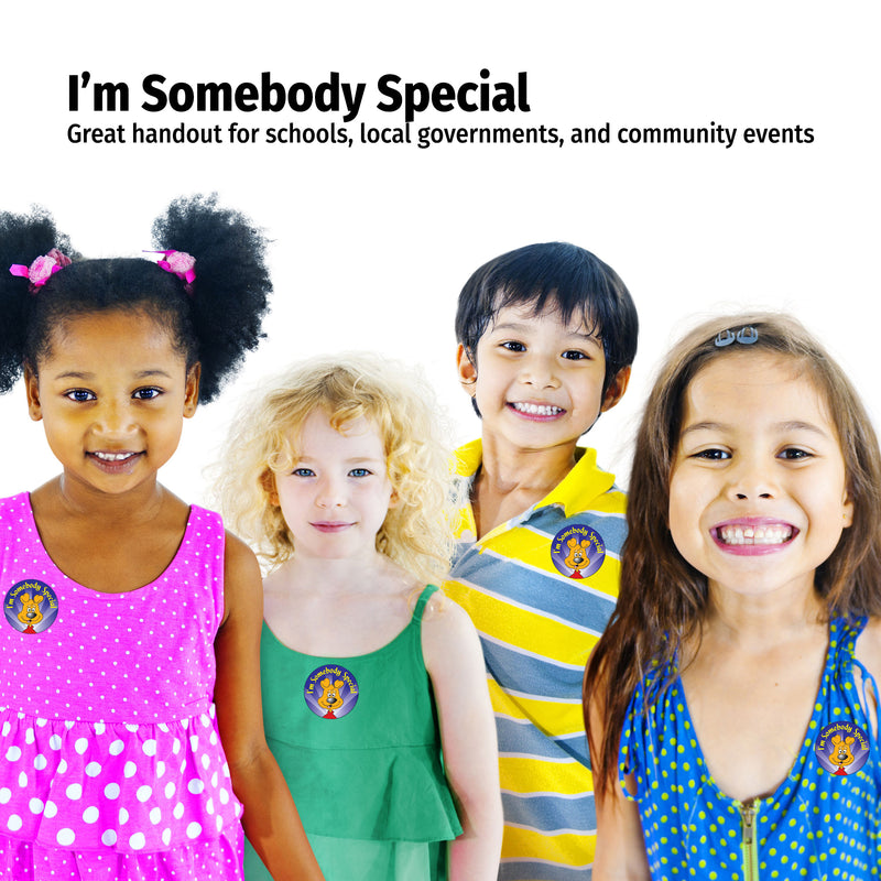 Four children smiling together with text about being 'Somebody Special' for schools and community events.