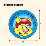 2-inch round sticker with a cartoon character wearing a helmet and text 'Helmet Safety Smart' on a beige background.