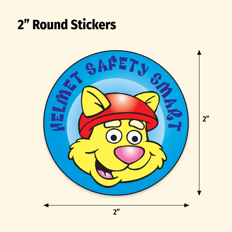 2-inch round sticker with a cartoon character wearing a helmet and text 'Helmet Safety Smart' on a beige background.