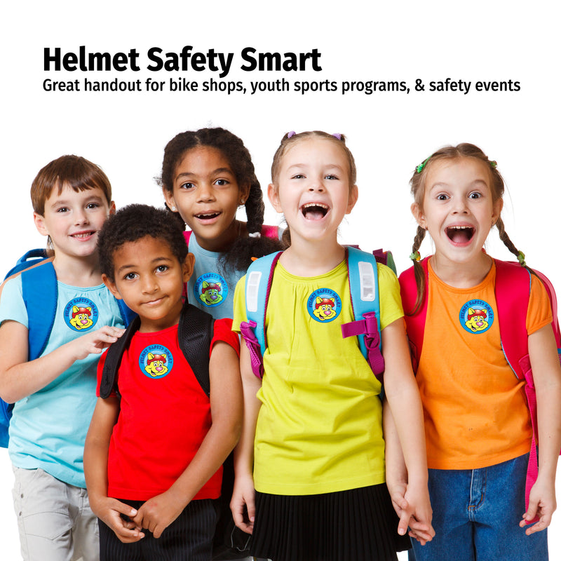 Children wearing colorful shirts with safety logos, promoting helmet safety.