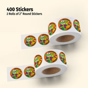 Two rolls of 2-inch round stickers with a cartoon frog design on a beige background.