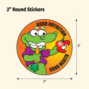 Circular sticker with a cartoon frog holding a carrot and apple, labeled 'Good Nutrition Good Health', on an orange background.