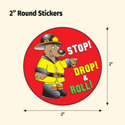 2-inch round sticker with a cartoon bear in a fireman's outfit and safety message on a beige background.
