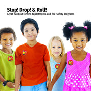 Four children standing together with safety stickers on their shirts, promoting fire safety.