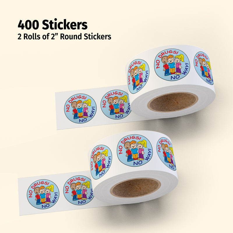 Two rolls of 2" round stickers with children's graphics and 'No Drugs! No Way!' text on a beige background.