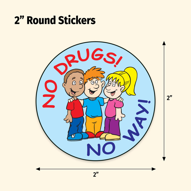 Round sticker with cartoon children and 'No Drugs! No Way!' text, 2 inches in diameter.