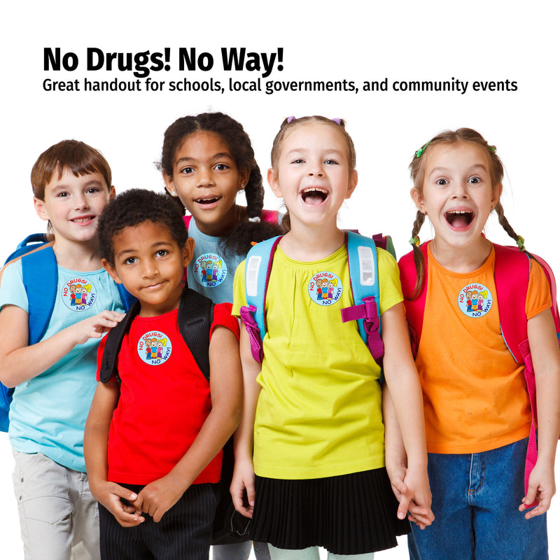 Five children with backpacks and colorful shirts, promoting 'No Drugs! No Way!' message.