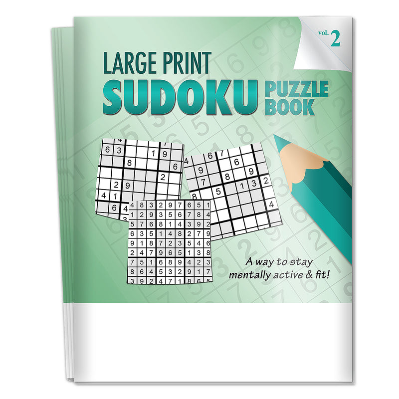 Large print Sudoku puzzle book with a pen on a green background